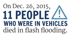 On. Dec. 26, 9 people died in flash flooding. All were in vehicles.